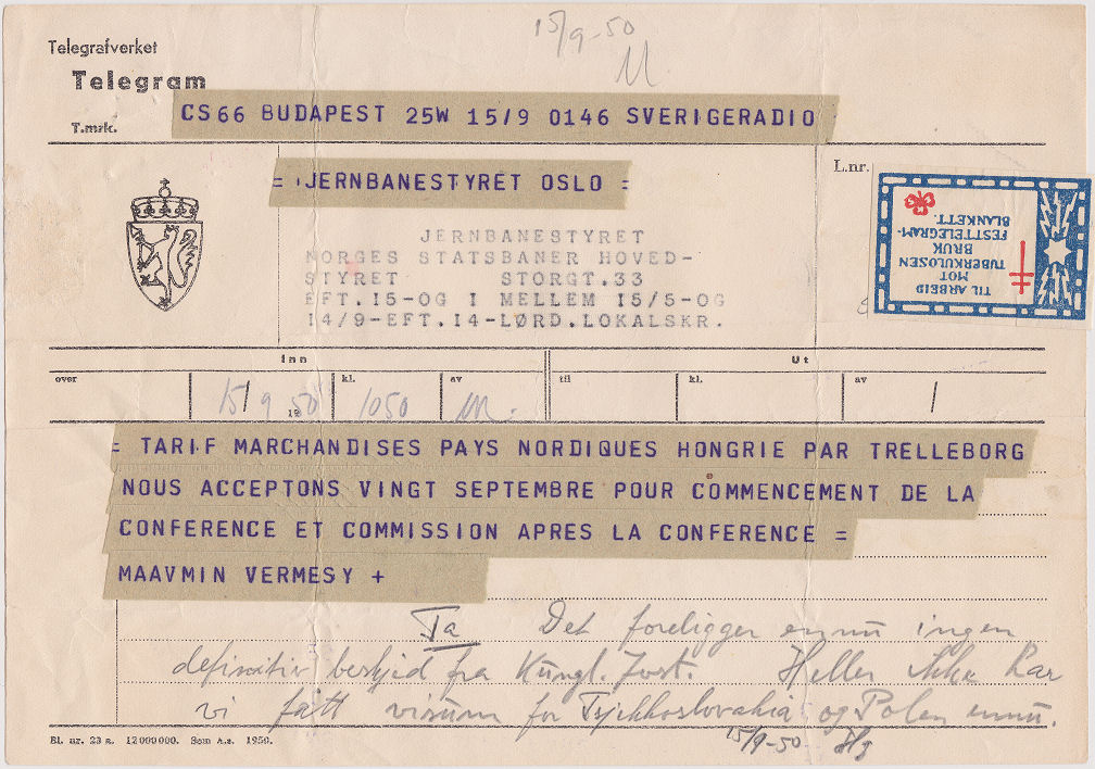 Norway Telegram used 15/9/1950