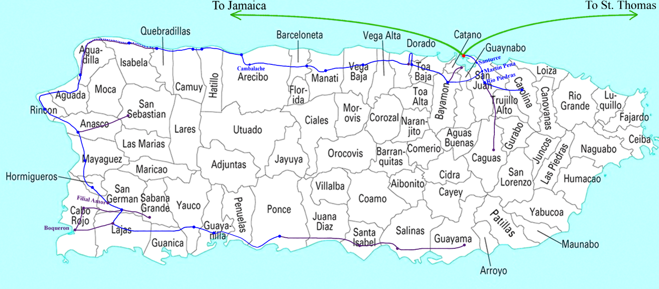 Map of Puerto Rico showing train route