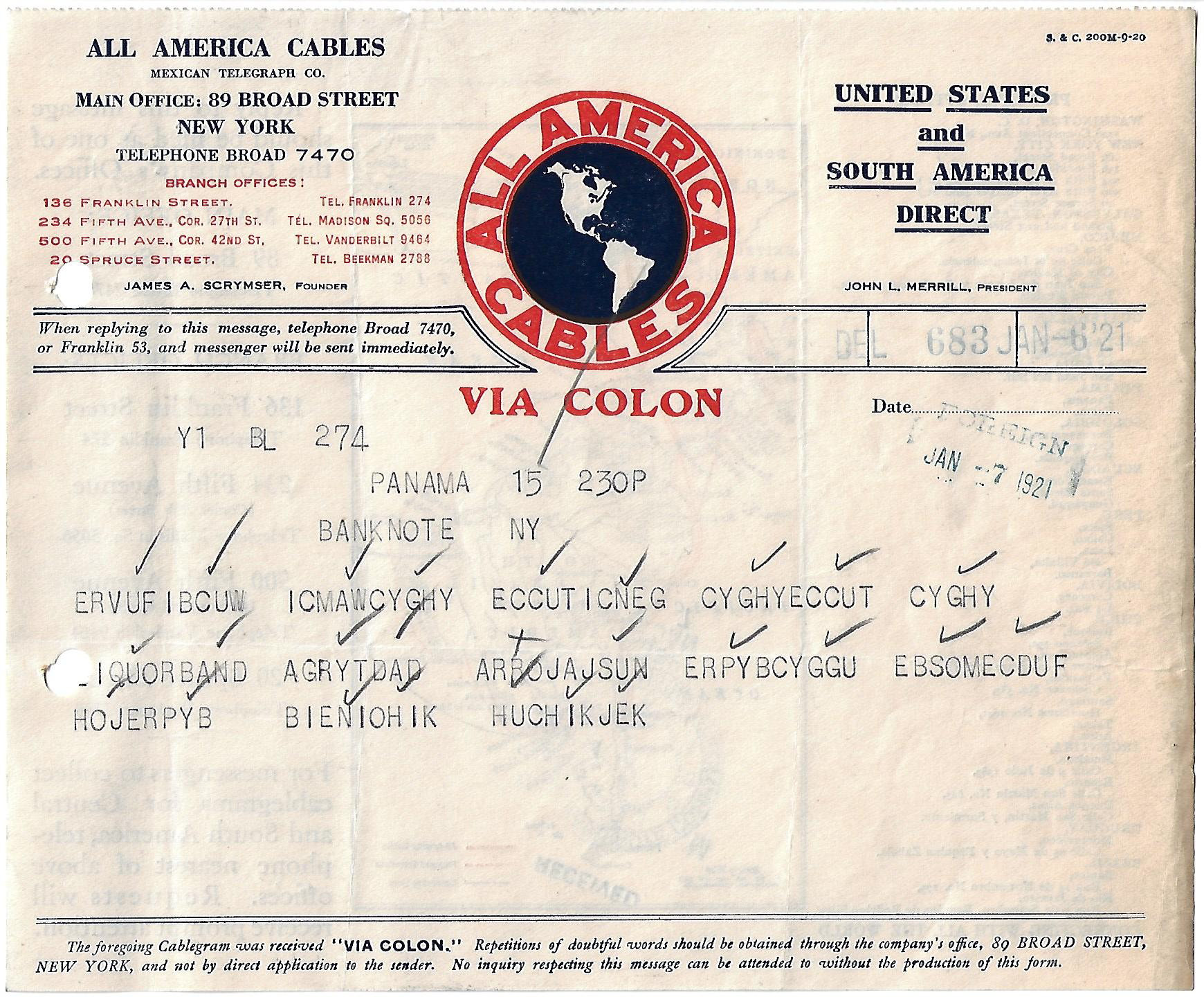 Telegram of 7 January 1921