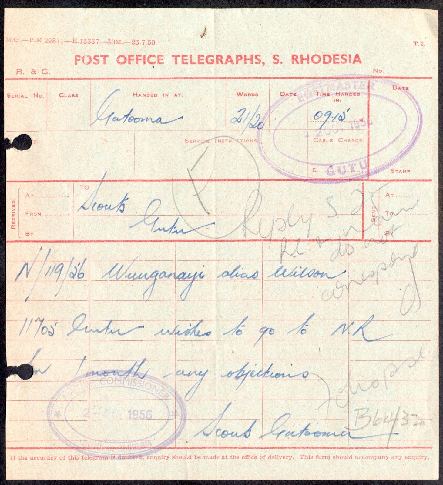South Rhodesia PO Telegraphs - 1956