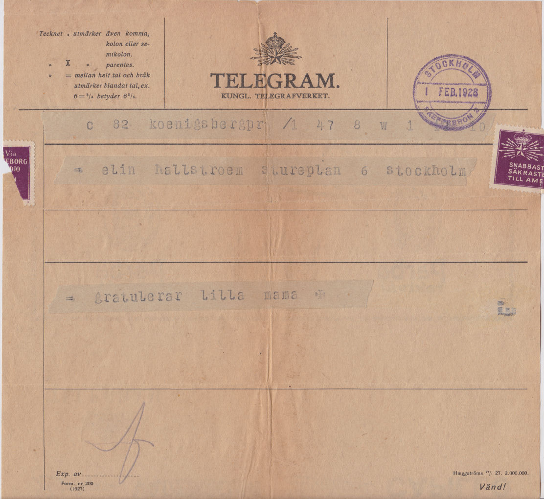 Sweden Telegram used 1 February 1928