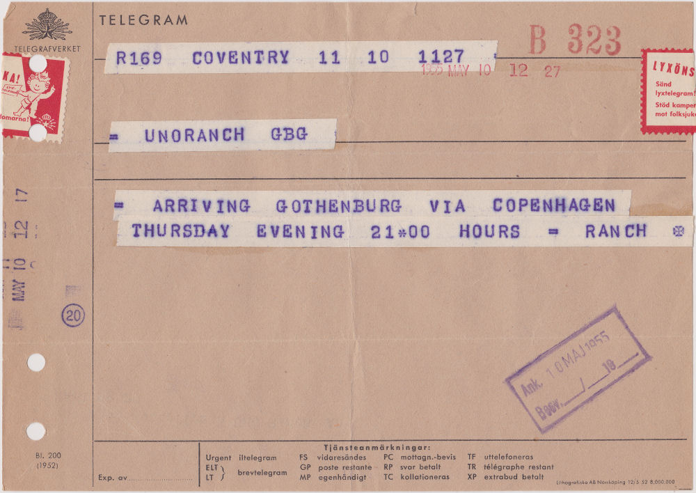 Sweden Telegram used 10 May 1955