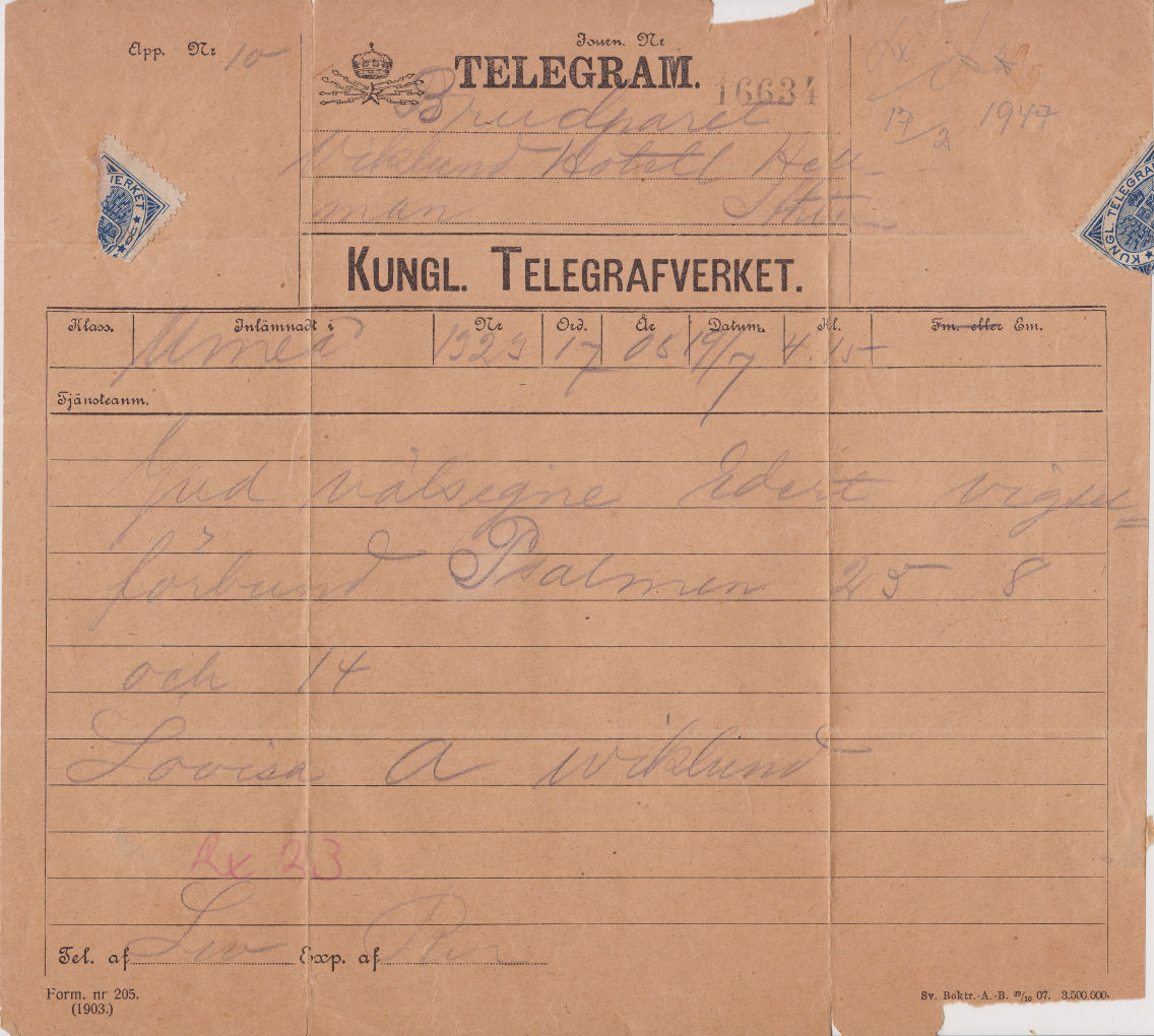 Sweden Telegram used 19 July 1908