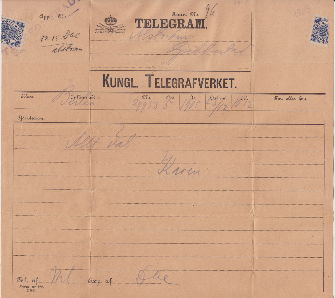 Sweden Telegram used 23 December 1905