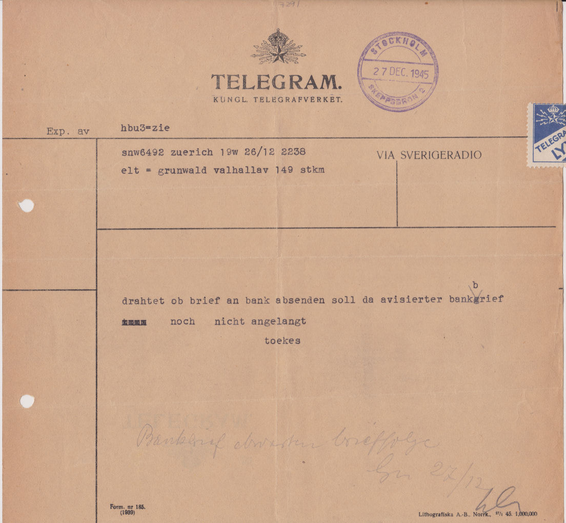 Sweden Telegram used 27 December 1945