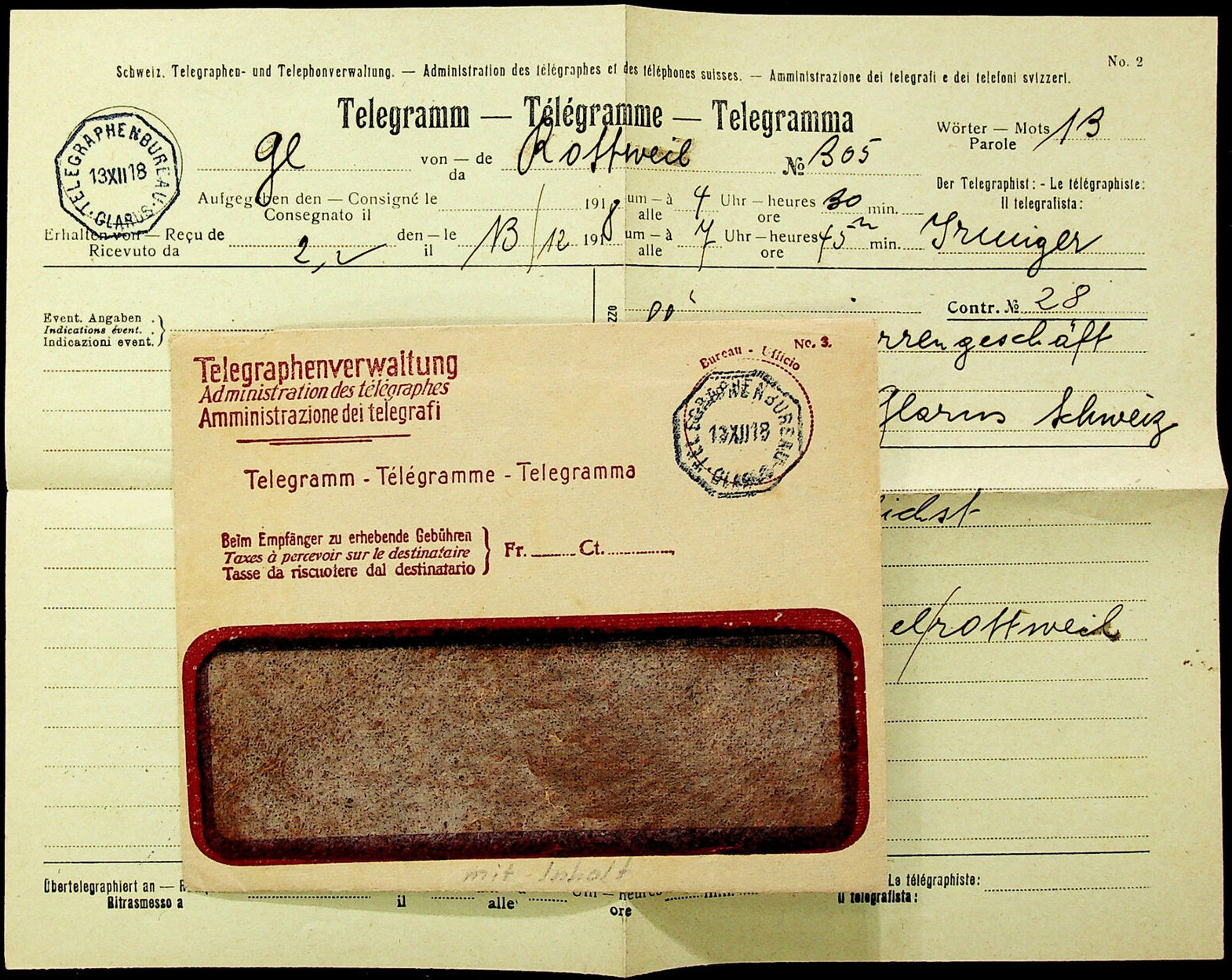 1918 telegram and envelope
