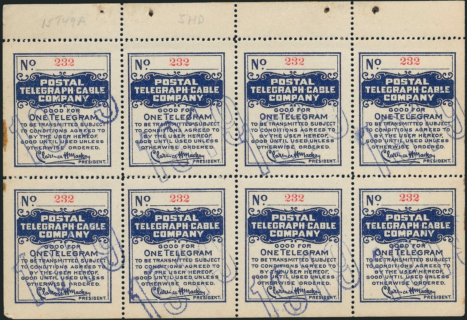 USA Postal Tel-Cable 1919 overprint pane.