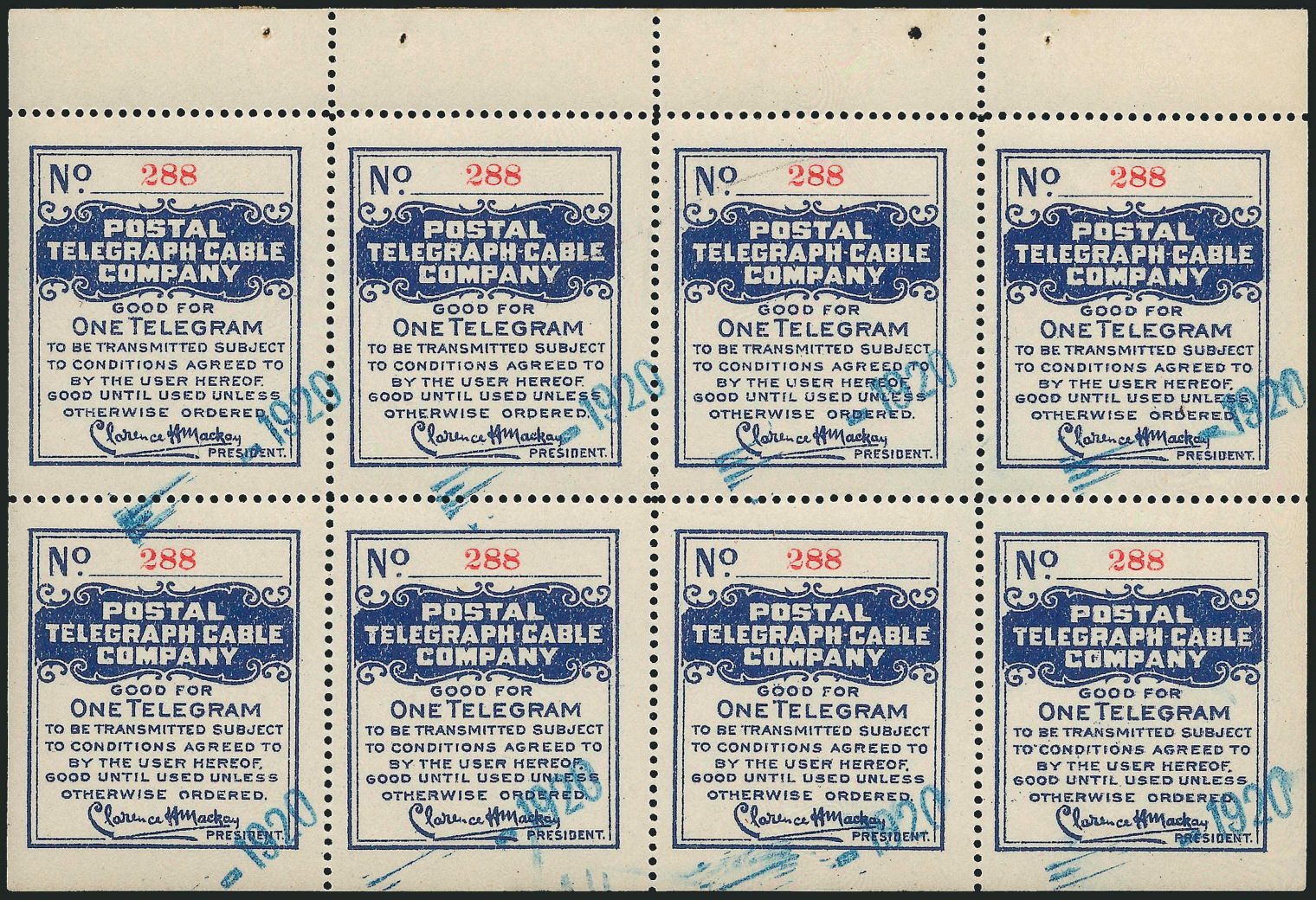 USA Postal Tel-Cable 1920 overprint pane.