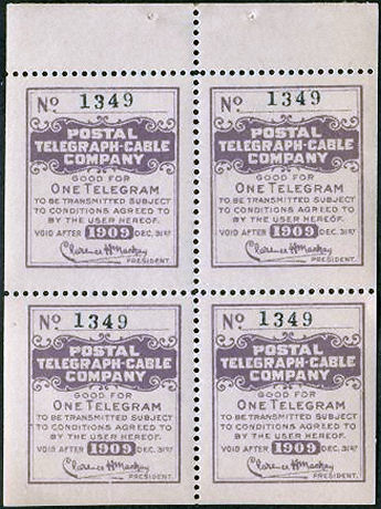 USA Postal Tel-Cable 1909 - One Telegram Block