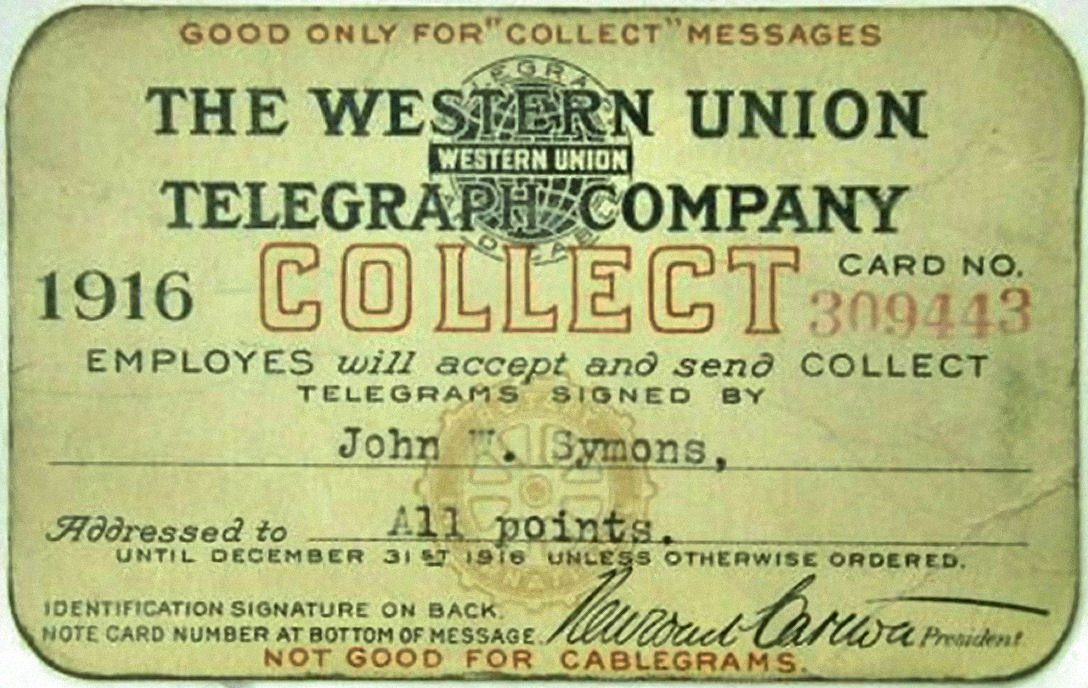 Western Union Collect Authorization 1916 - front