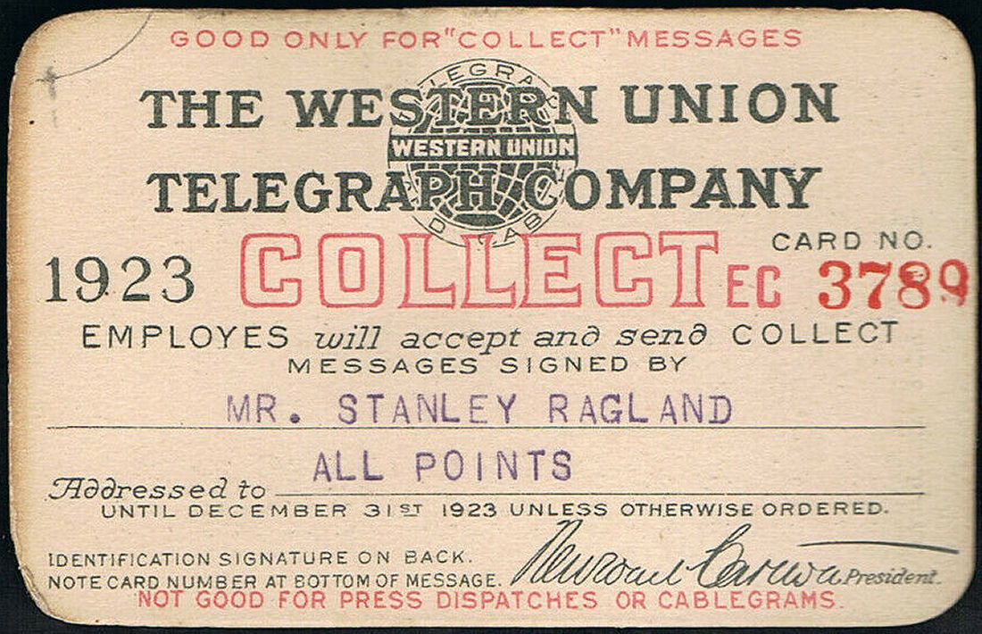 Western Union Collect Authorization 1923 - front
