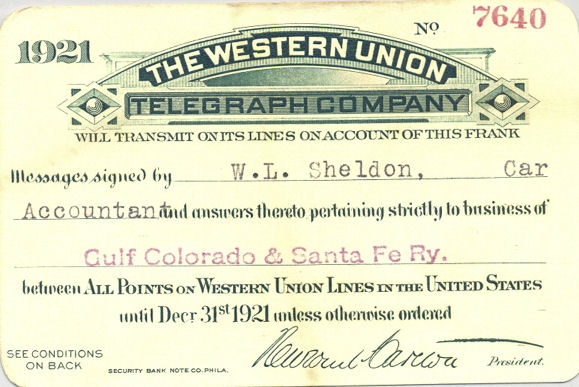 Western Union Business Frank 1921 - front