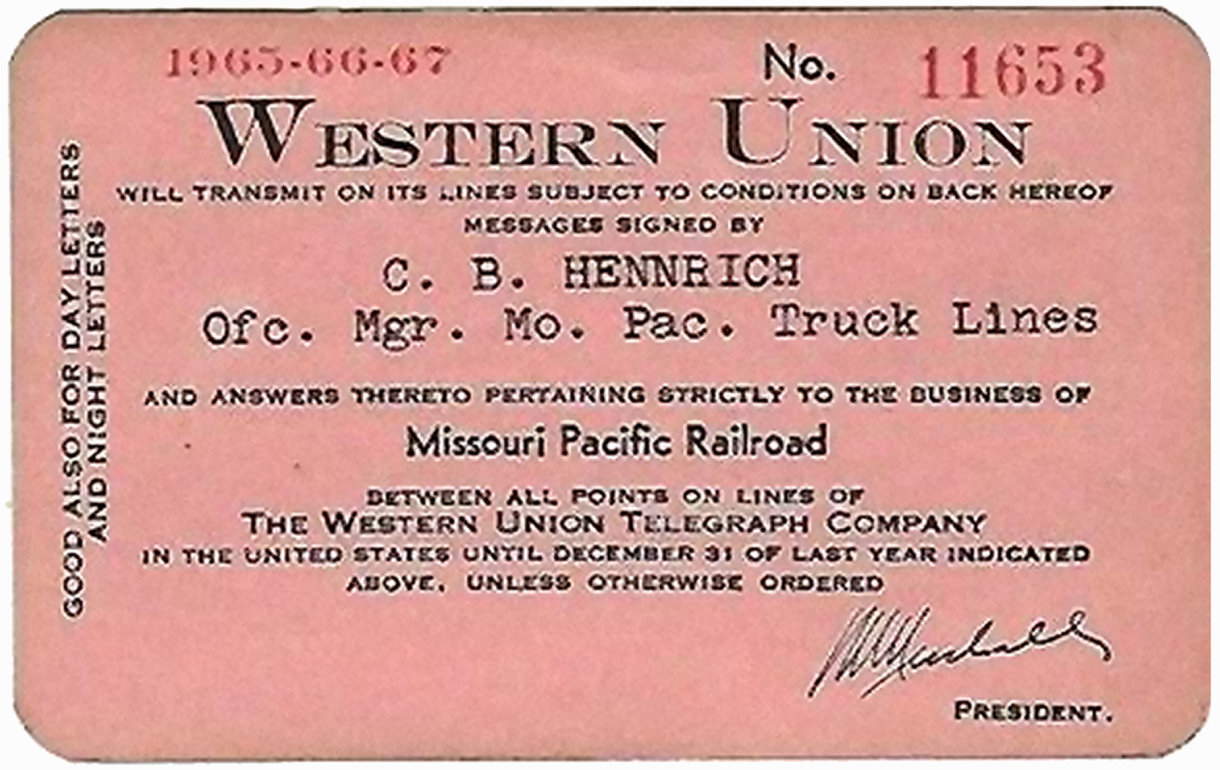 Western Union Charge Card 1965-66-67 - front, with endorsement