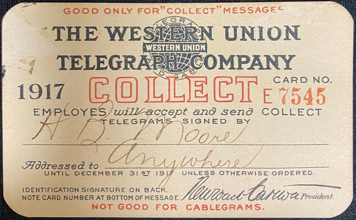 Western Union Collect Authorization 1917 - front