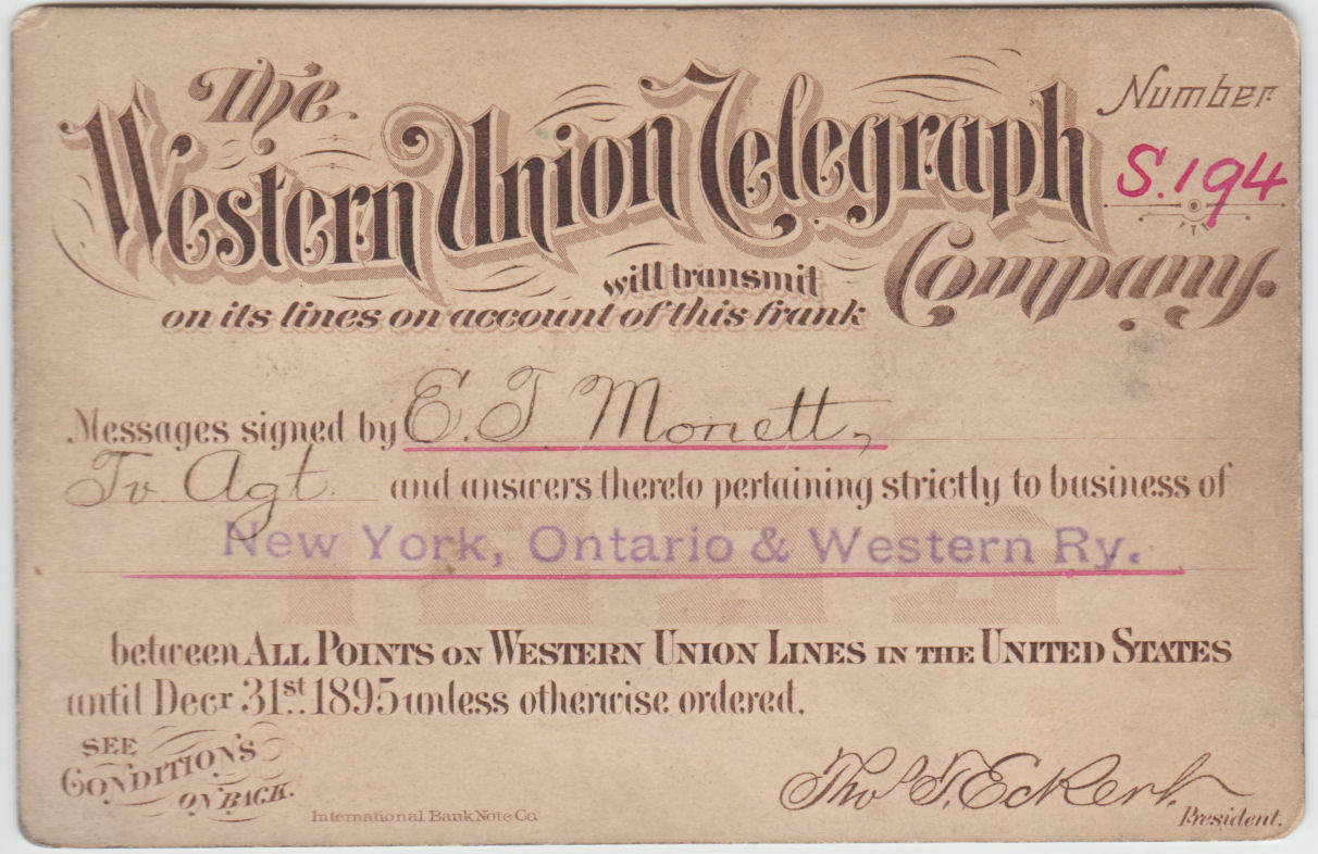 Western Union Business Frank 1895 Type I - front