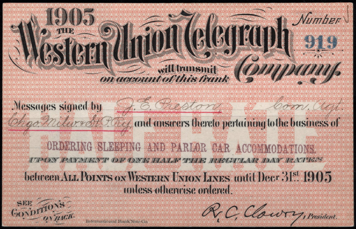 Western Union Business Frank 1905 half rate - 919 front