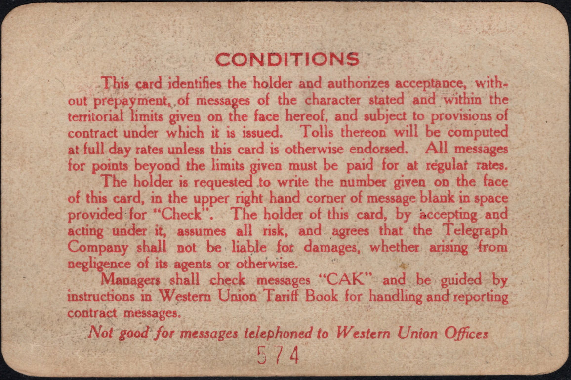 1925 Charge Card, endorsed - back