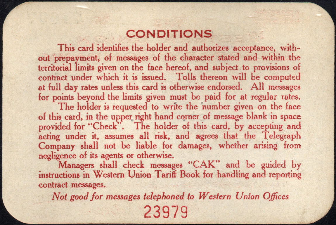 Western Union Charge Card 1930 - back