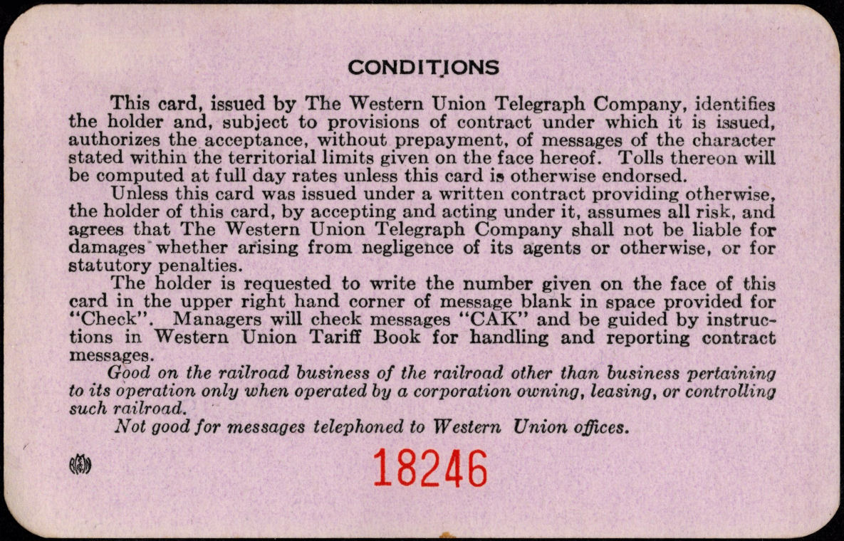 Western Union Charge Card 1943 - back
