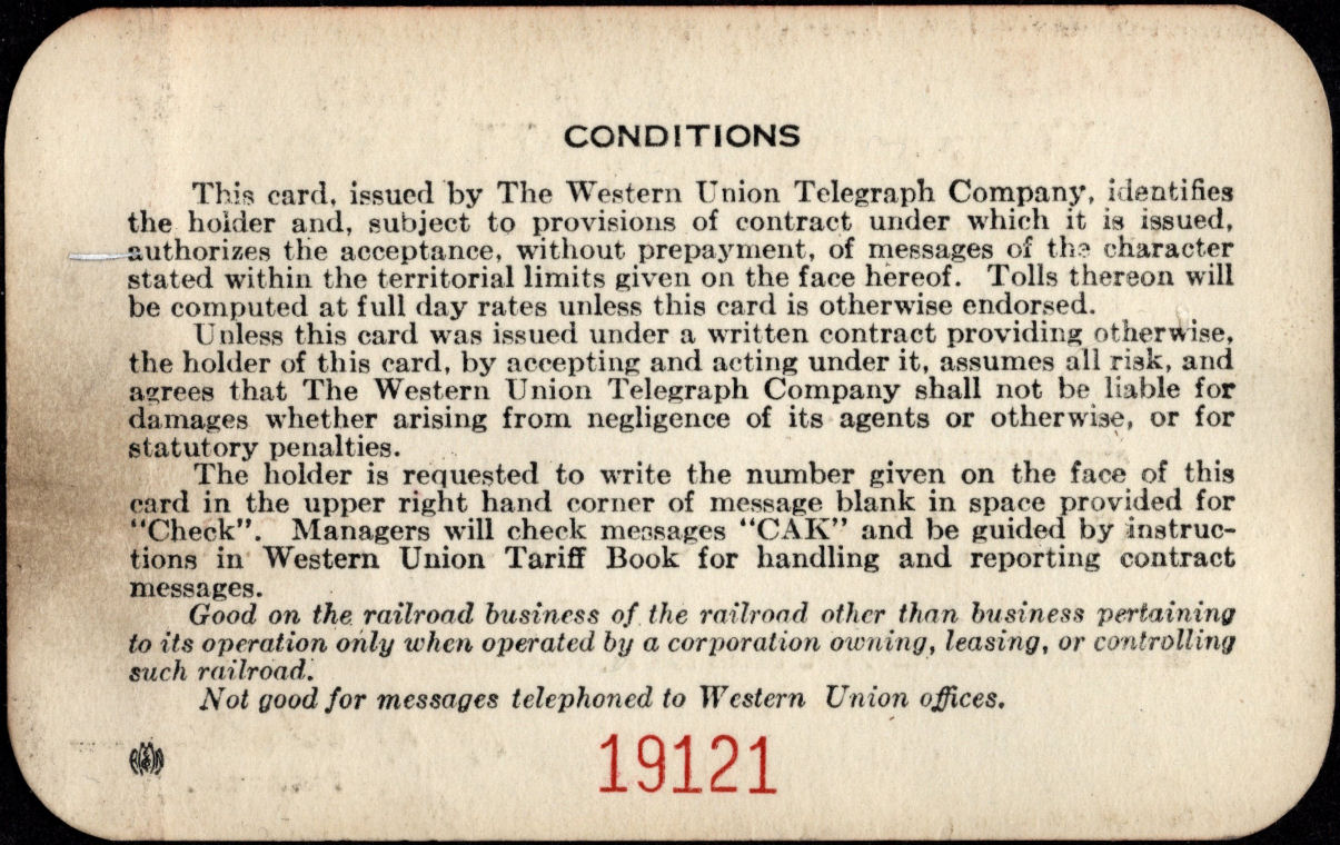 Western Union Charge Card 1945 - back