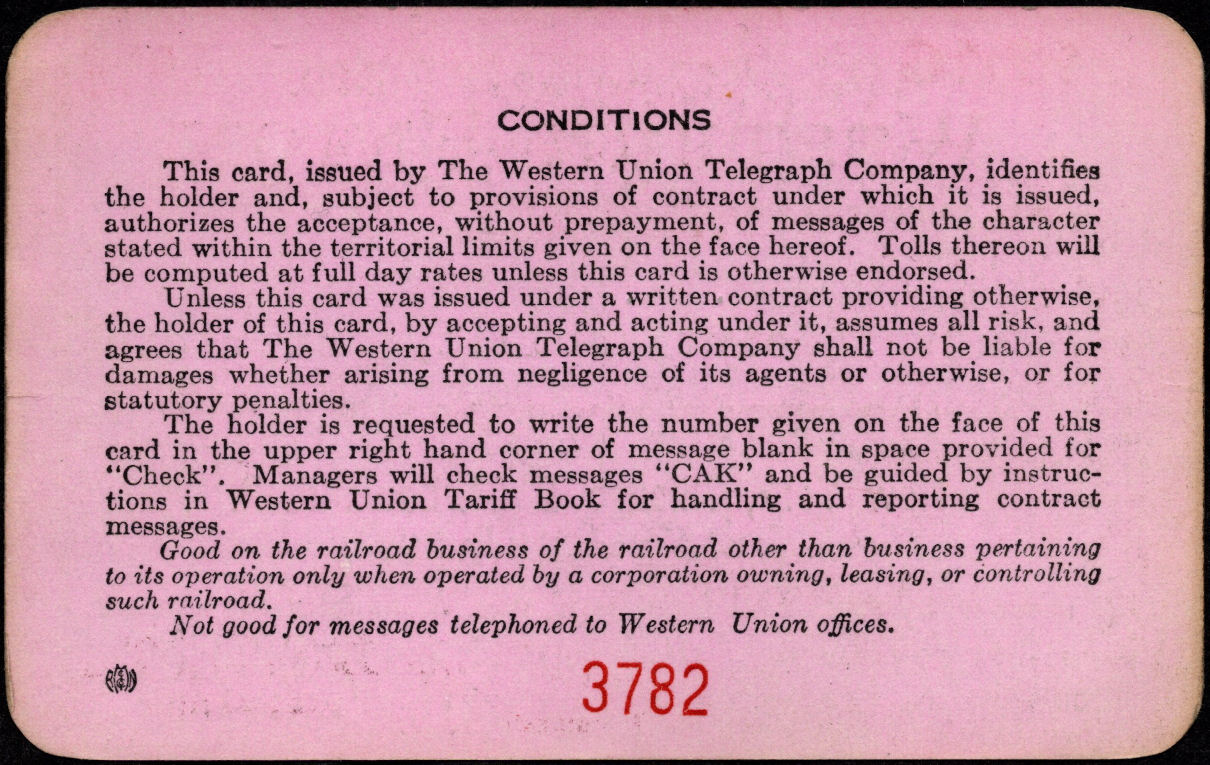 Western Union Charge Card 1946 - back