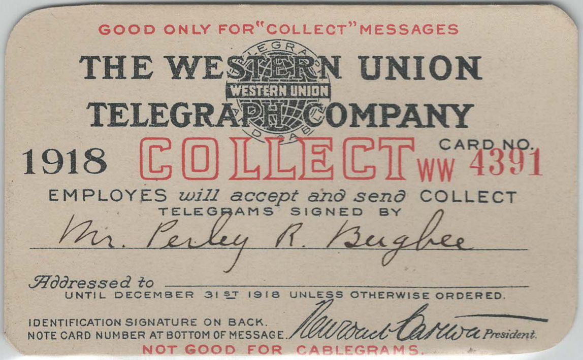 Western Union Collect Authorization 1918 - front