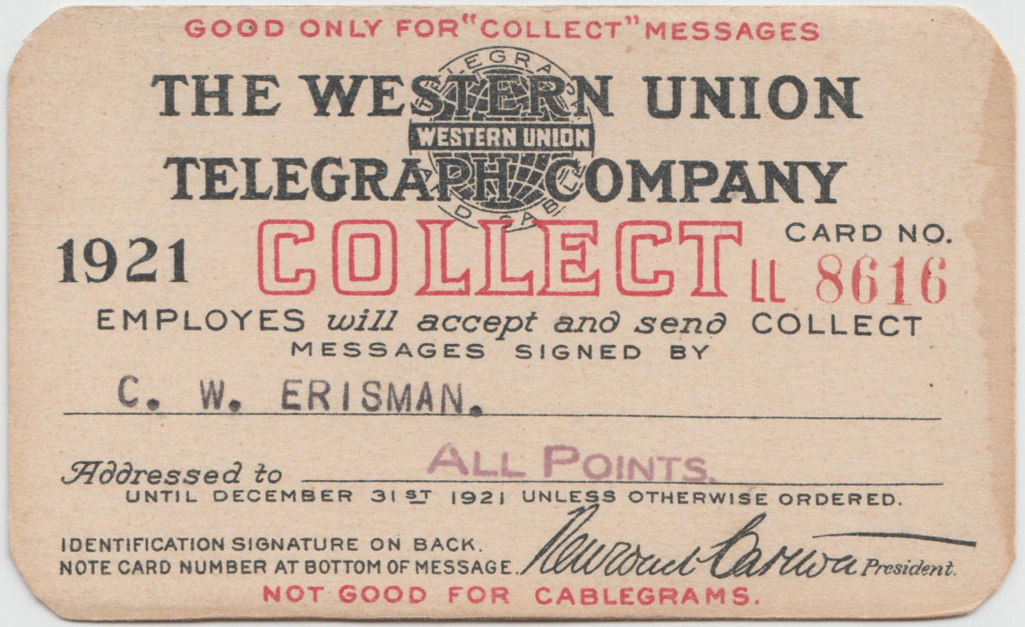 Western Union Collect Authorization 1921 - front
