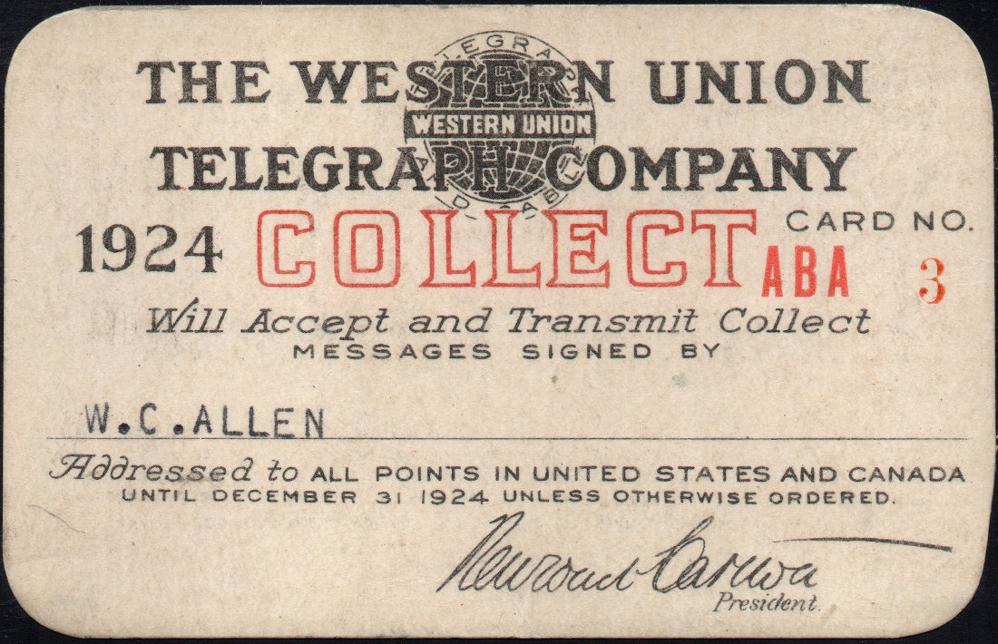 Western Union Collect Authorization 1924 - front