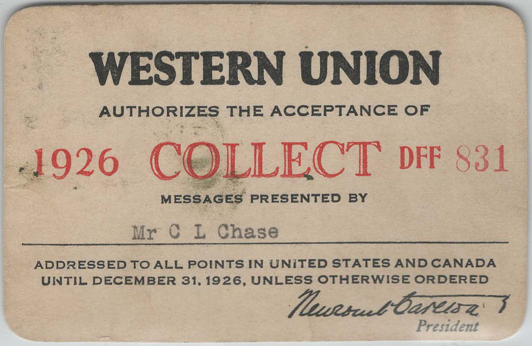 Western Union Collect Authorization 1926 - front