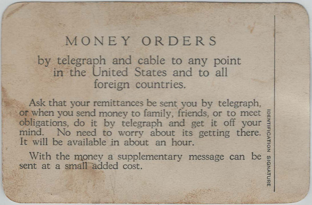 Western Union Collect Authorization 1928 - back