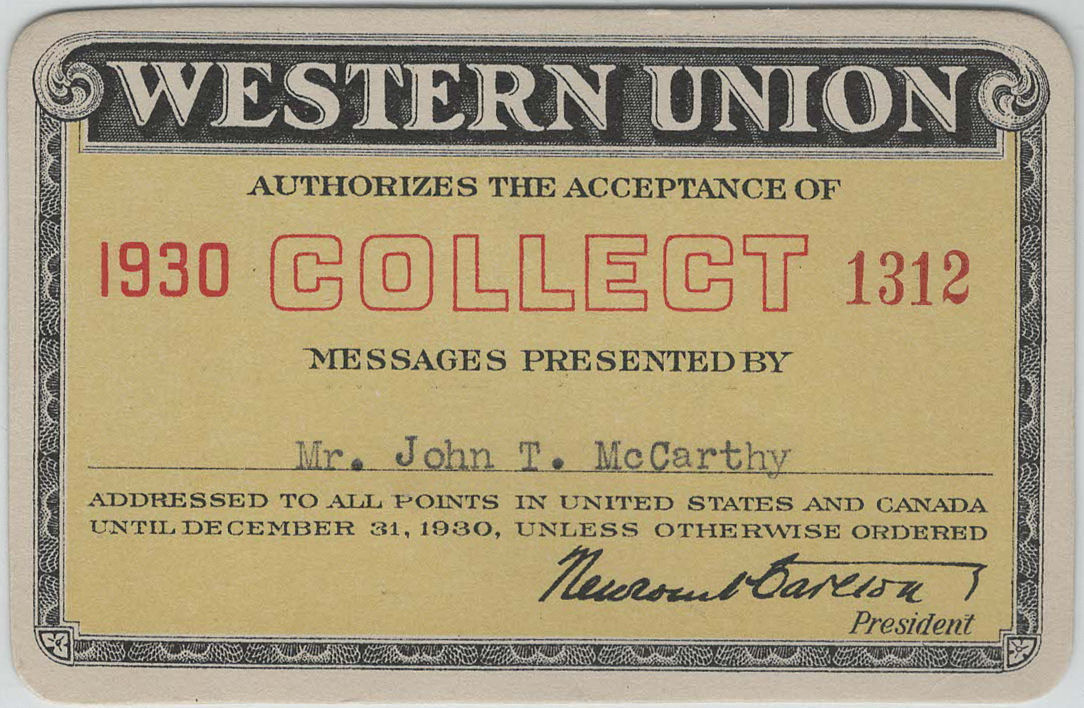 Western Union Collect Authorization 1930 - front