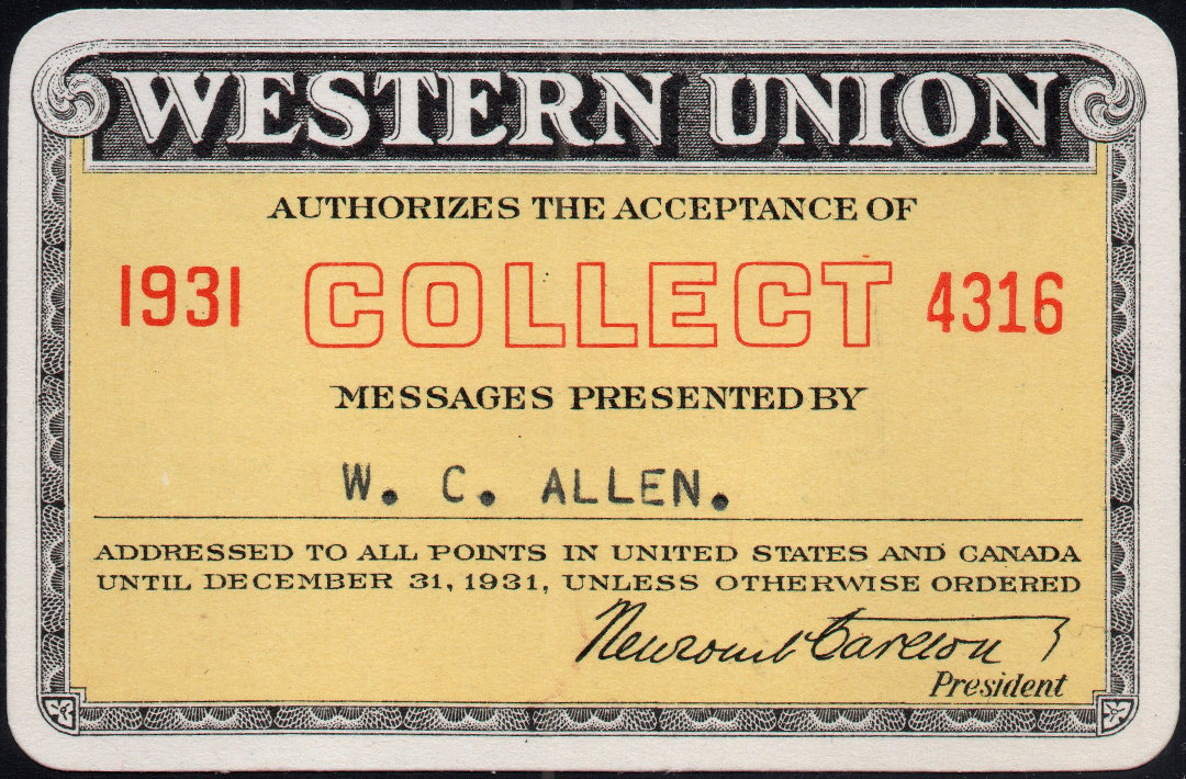 Western Union Collect Authorization 1931 - front
