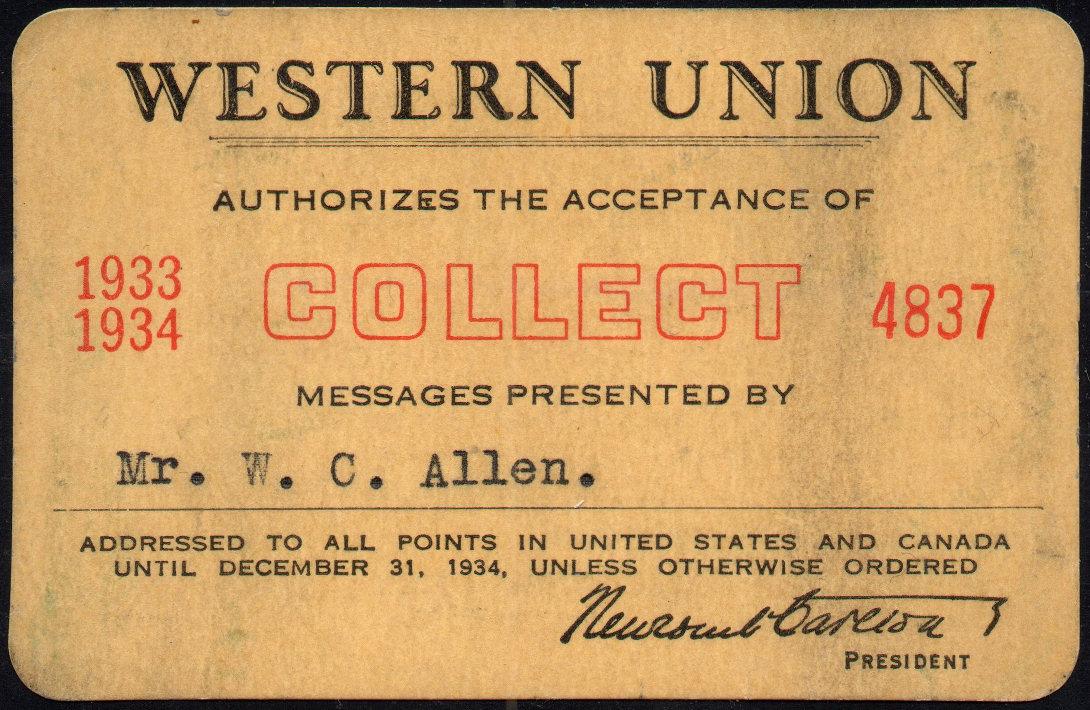 Western Union Collect Authorization 1933-4 - front