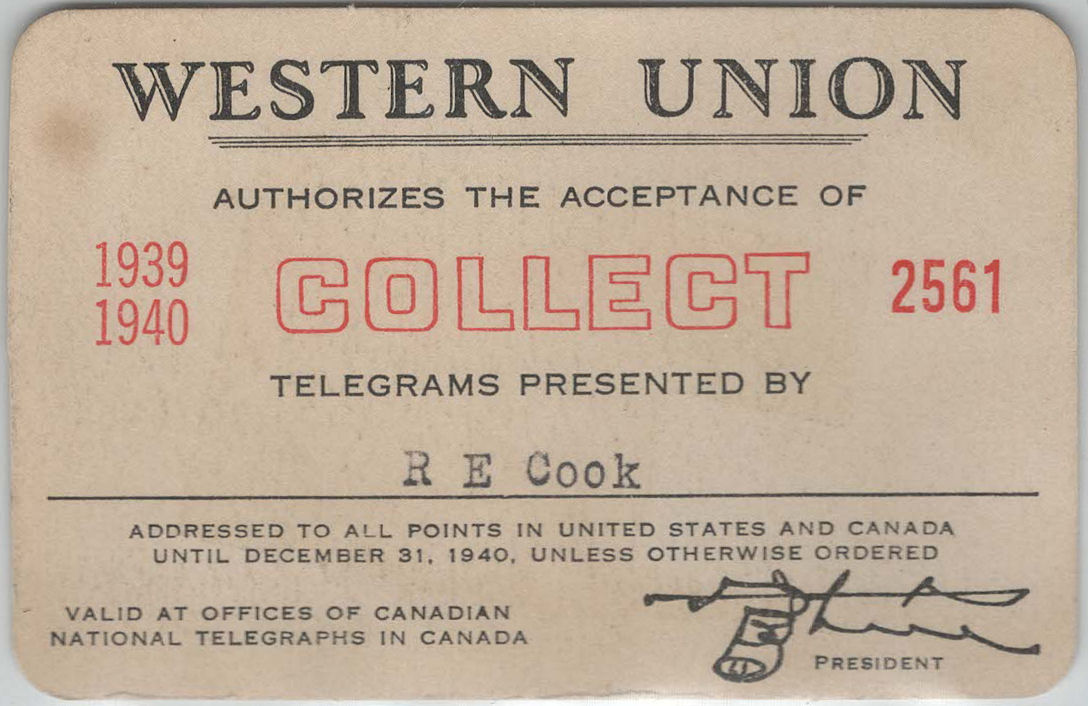 Western Union Collect Authorization 1939-40 - front