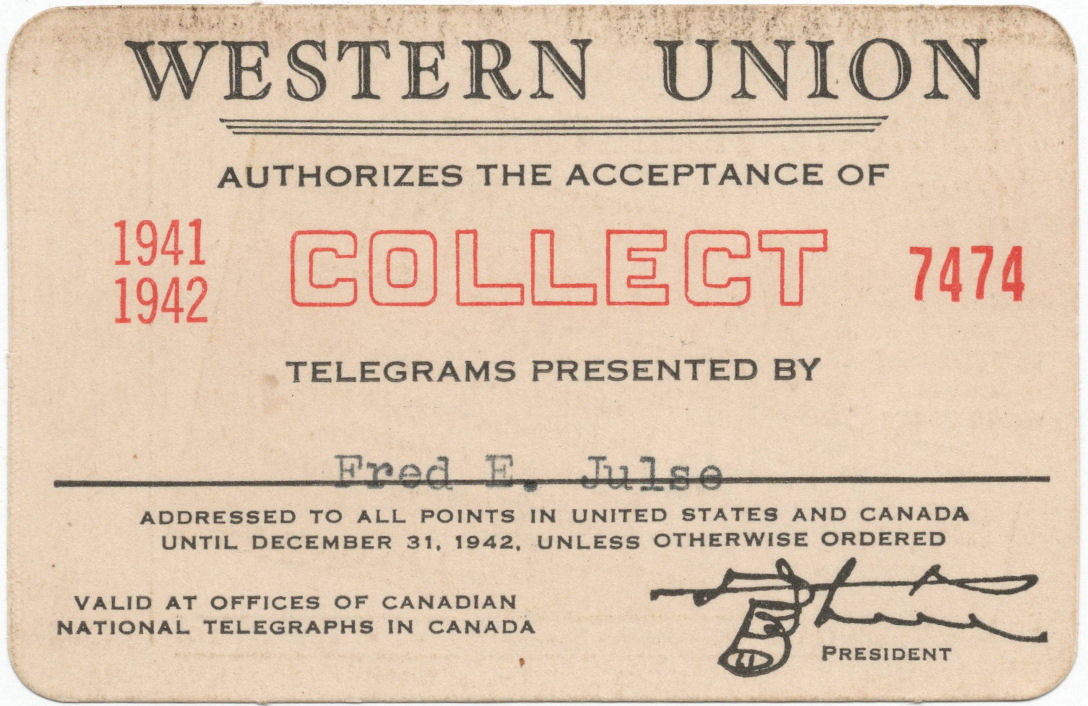 Western Union Collect Authorization 1941-42 - front