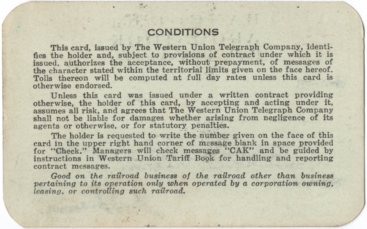 Western Union Charge Card 1962-63 - back