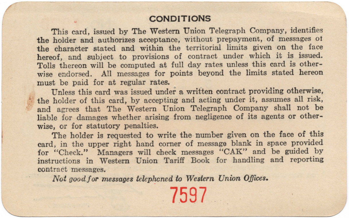 Western Union Charge Card 1934-192D - back
