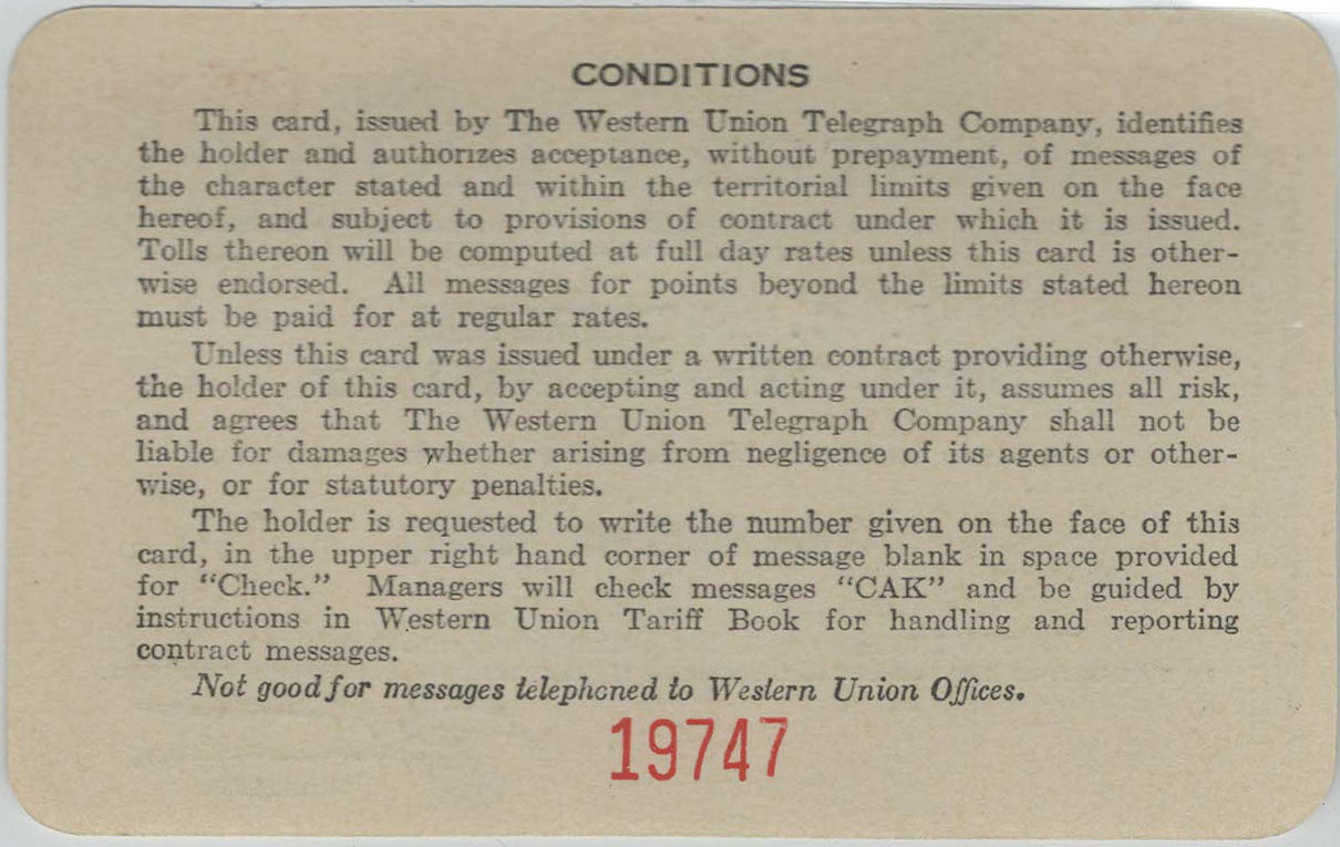 Western Union Charge Card 1934 - back