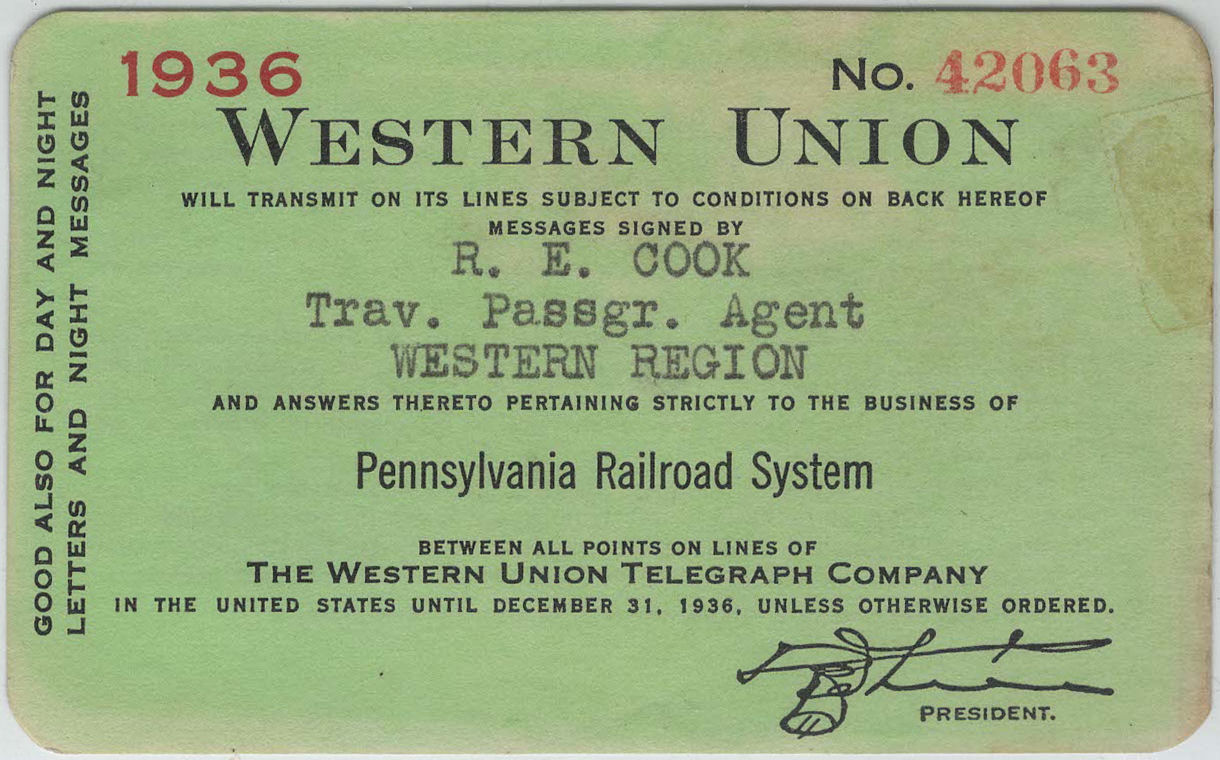 Western Union Charge Card 1936 - endorsed front