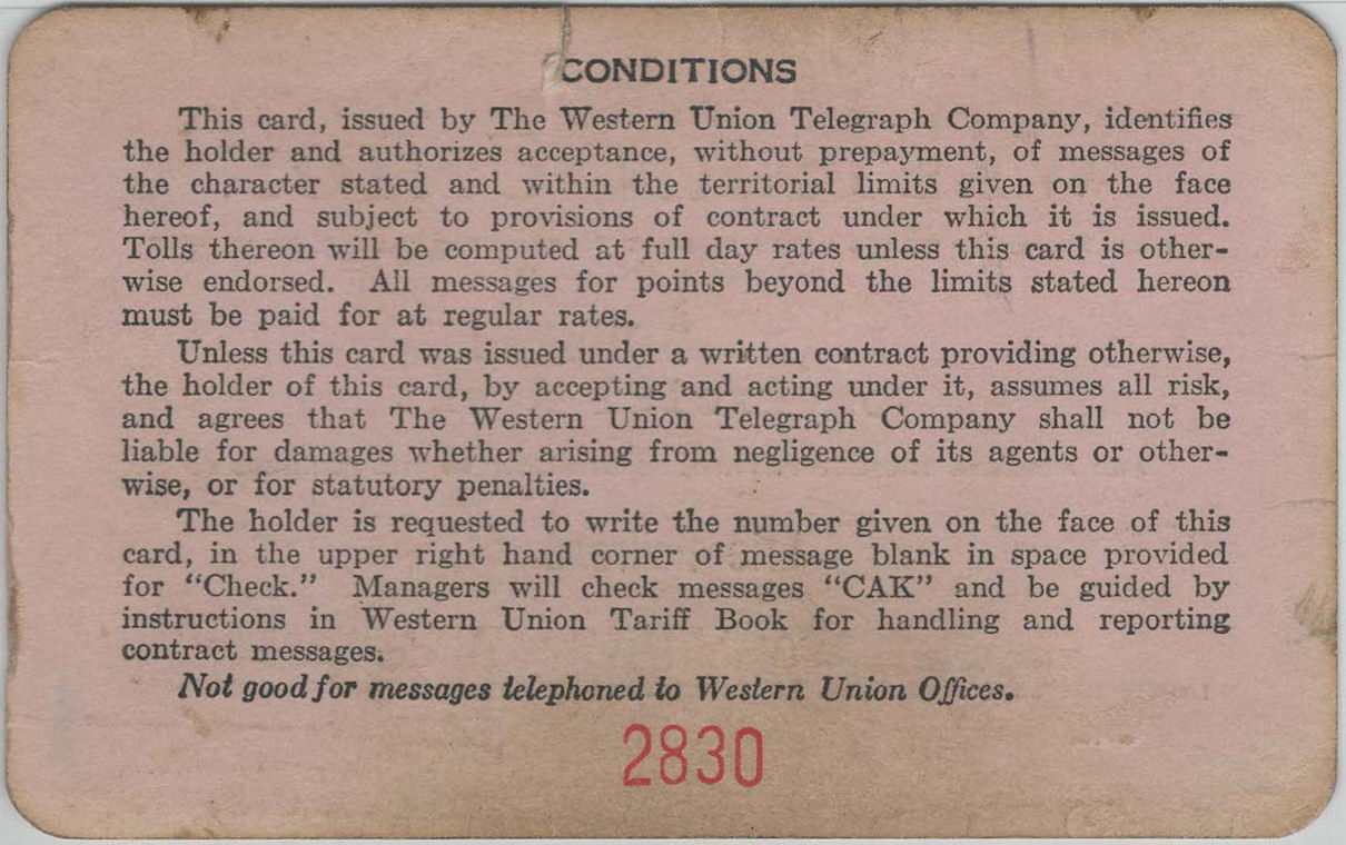 Western Union Charge Card 1937 - back