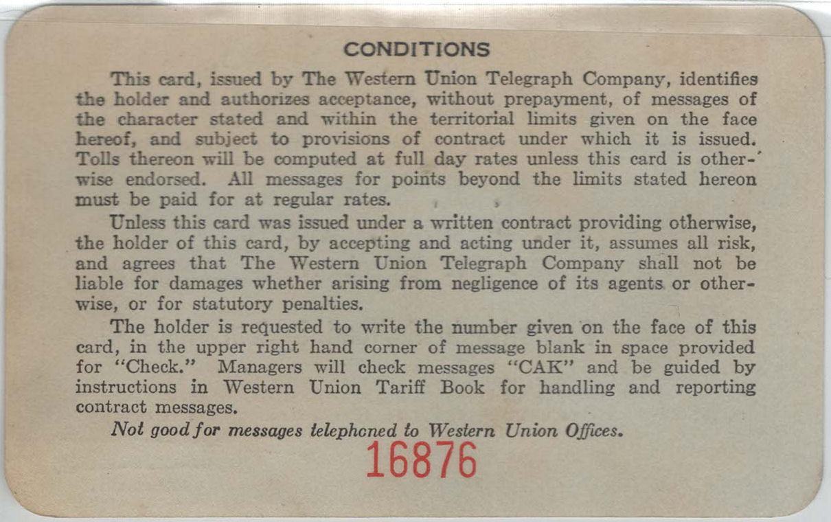 Western Union Charge Card 1938 - back