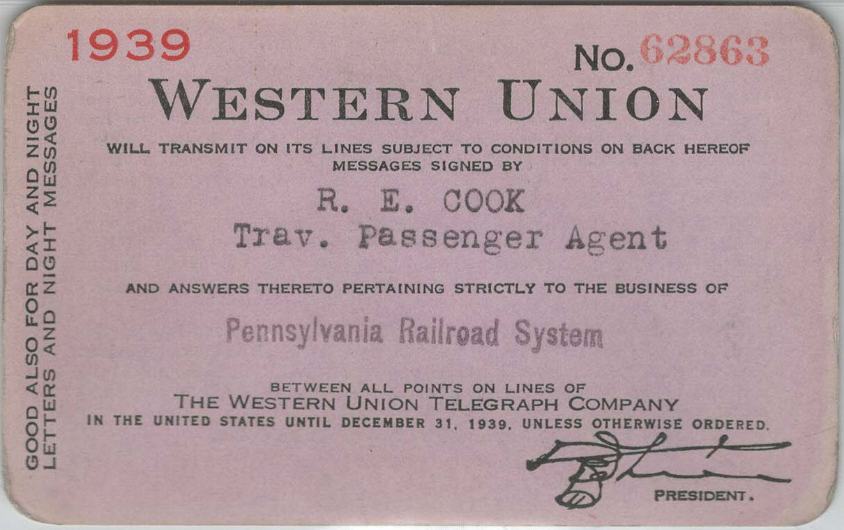 Western Union Charge Card 1939 - endorsed front