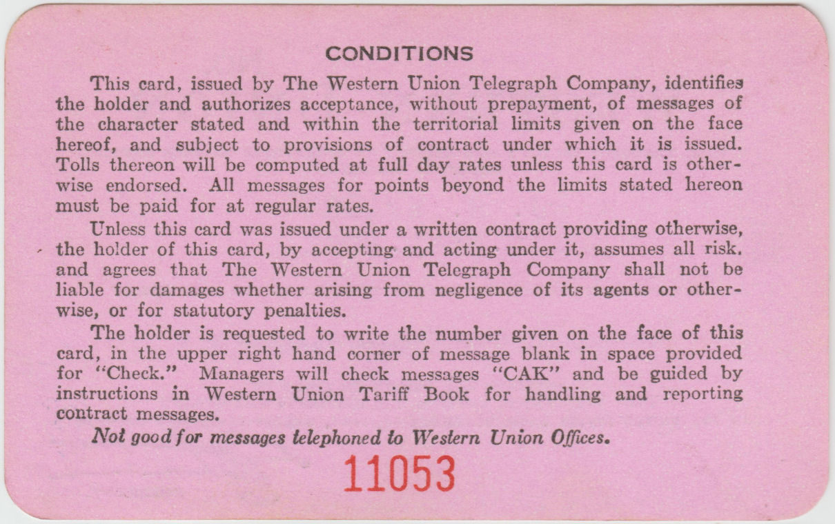 Western Union Charge Card 1941 - back