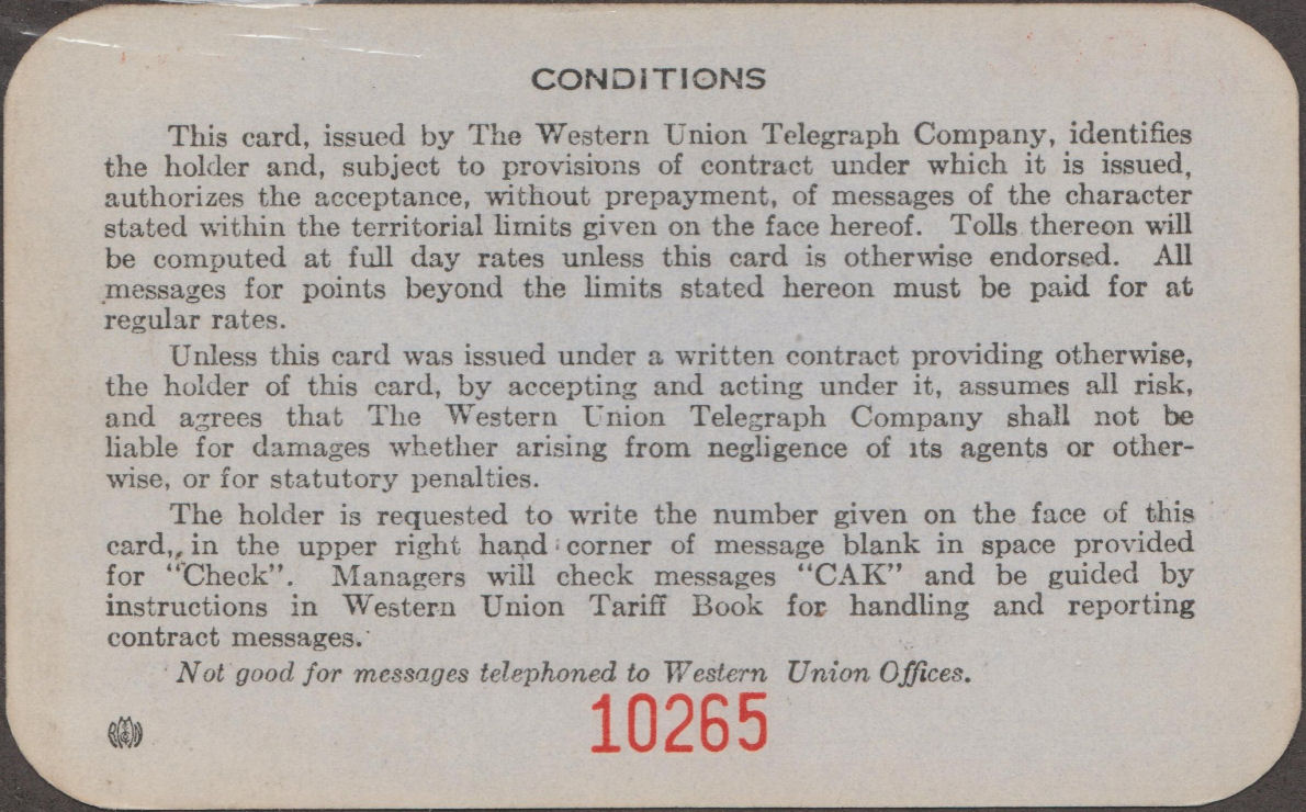 Western Union Charge Card 1942 - back