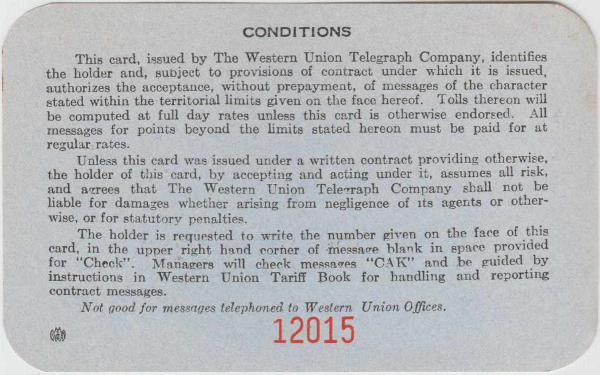 Western Union Charge Card 1942 - back