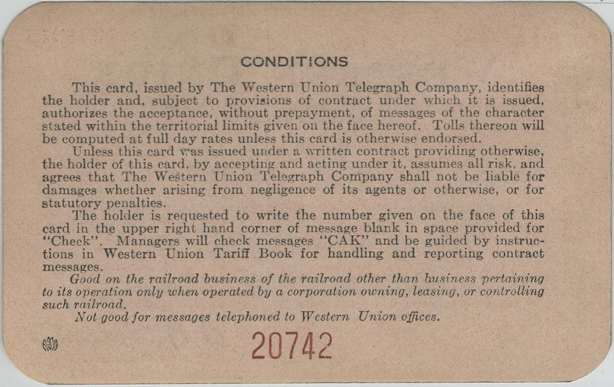Western Union Charge Card 1944 - back