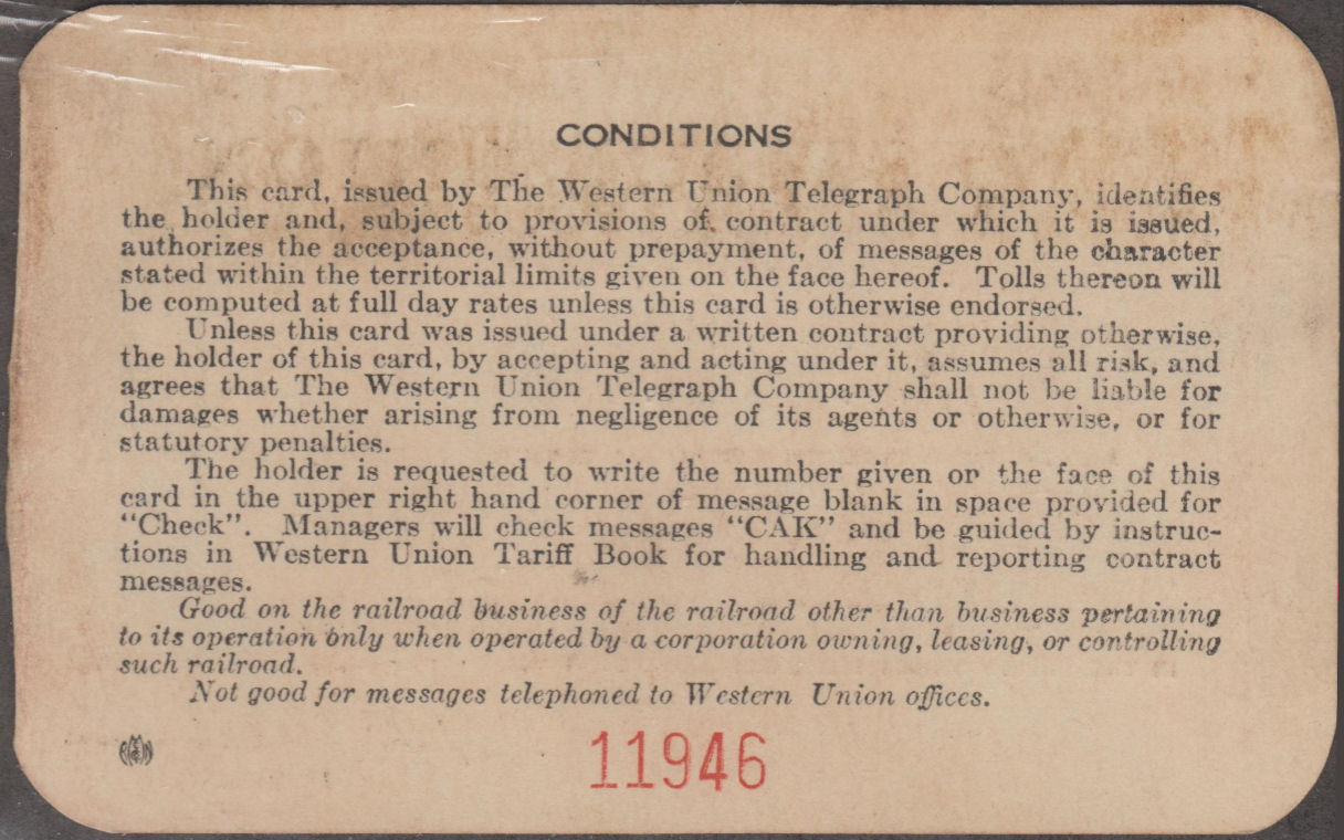 Western Union Charge Card 1945 - back