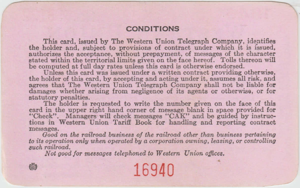 Western Union Charge Card 1946 - back