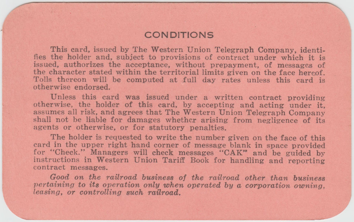 Western Union Charge Card 1952-53 Type I - back