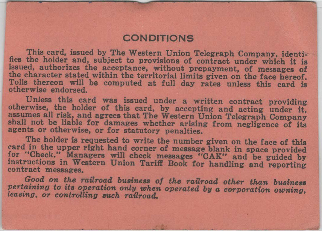Western Union Charge Card 1965-66-67 - back